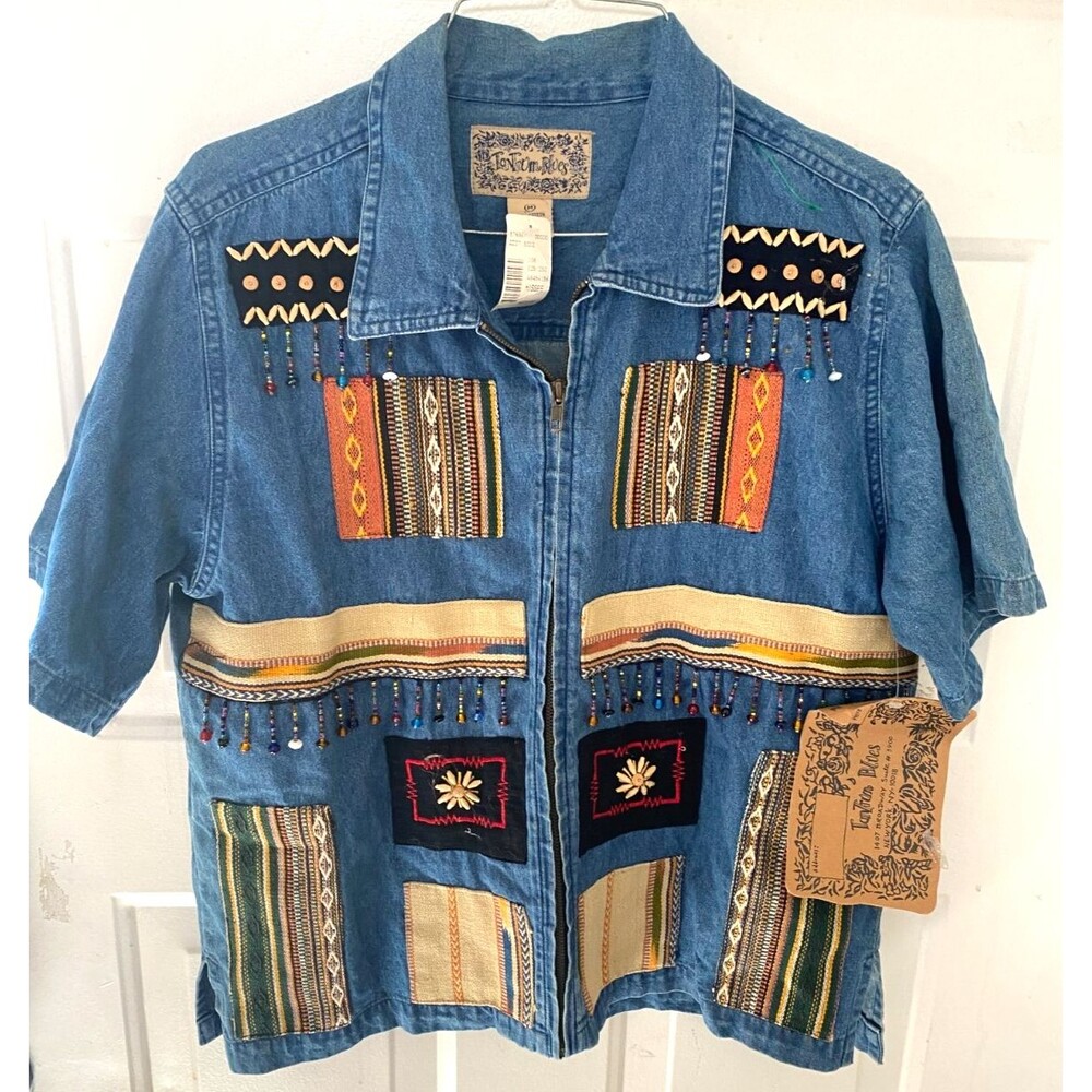 Tantrum Blues Vintage Denim Top Blouse Jakcet Beaded Women's M Zip Closure NWT